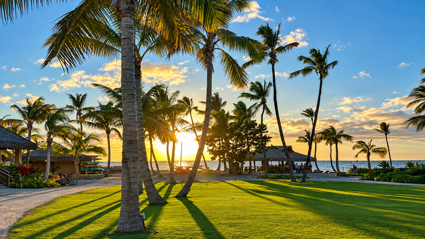 AI-enhanced palm trees, green lawn and blue sky beside the sea at sunset